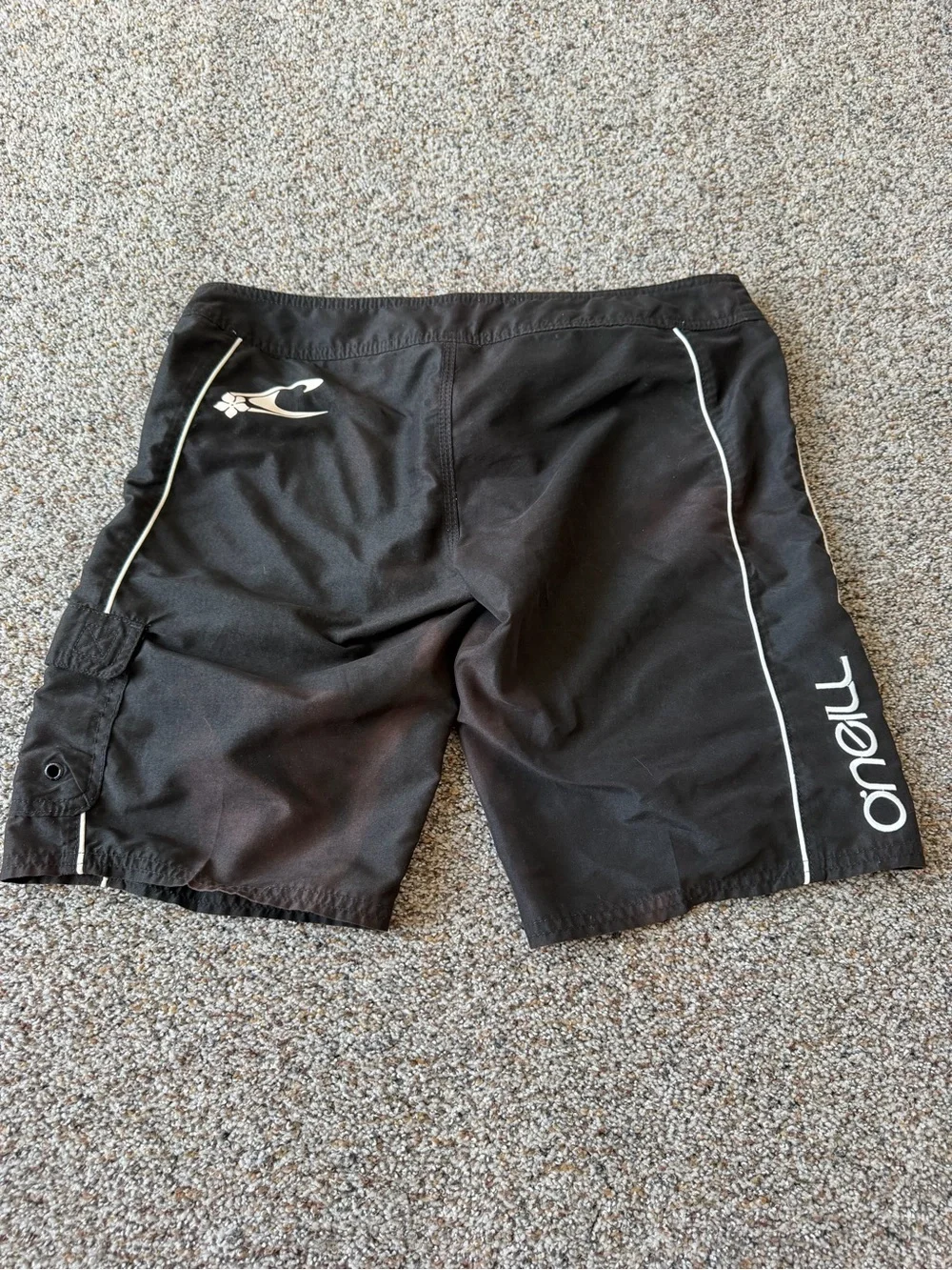 O'Neill Womens Size 5 Black White Piping Long Board Shorts Y2K Surf Swimsuit